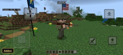 Player character in military uniform holding a rifle in a landscape
