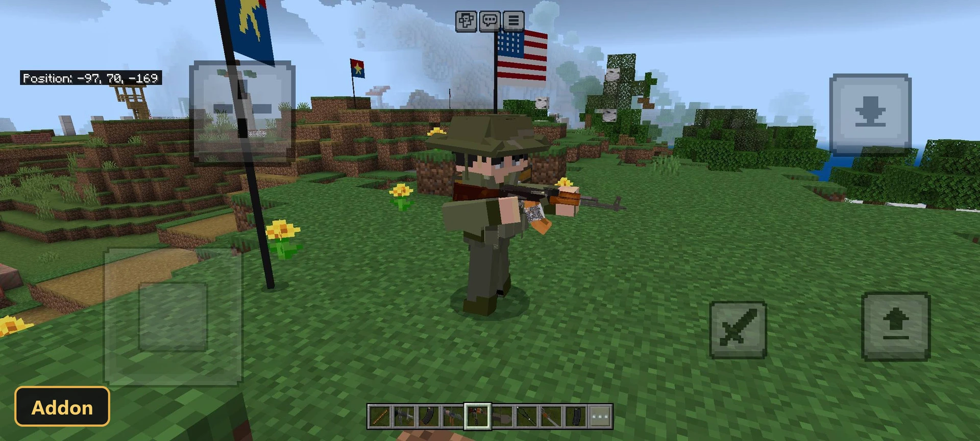 Player character in military uniform holding a rifle in a landscape