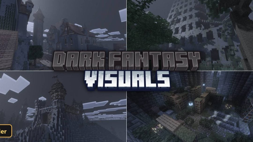 four dark fantasy scenes, including a castle, forest, and dungeon
