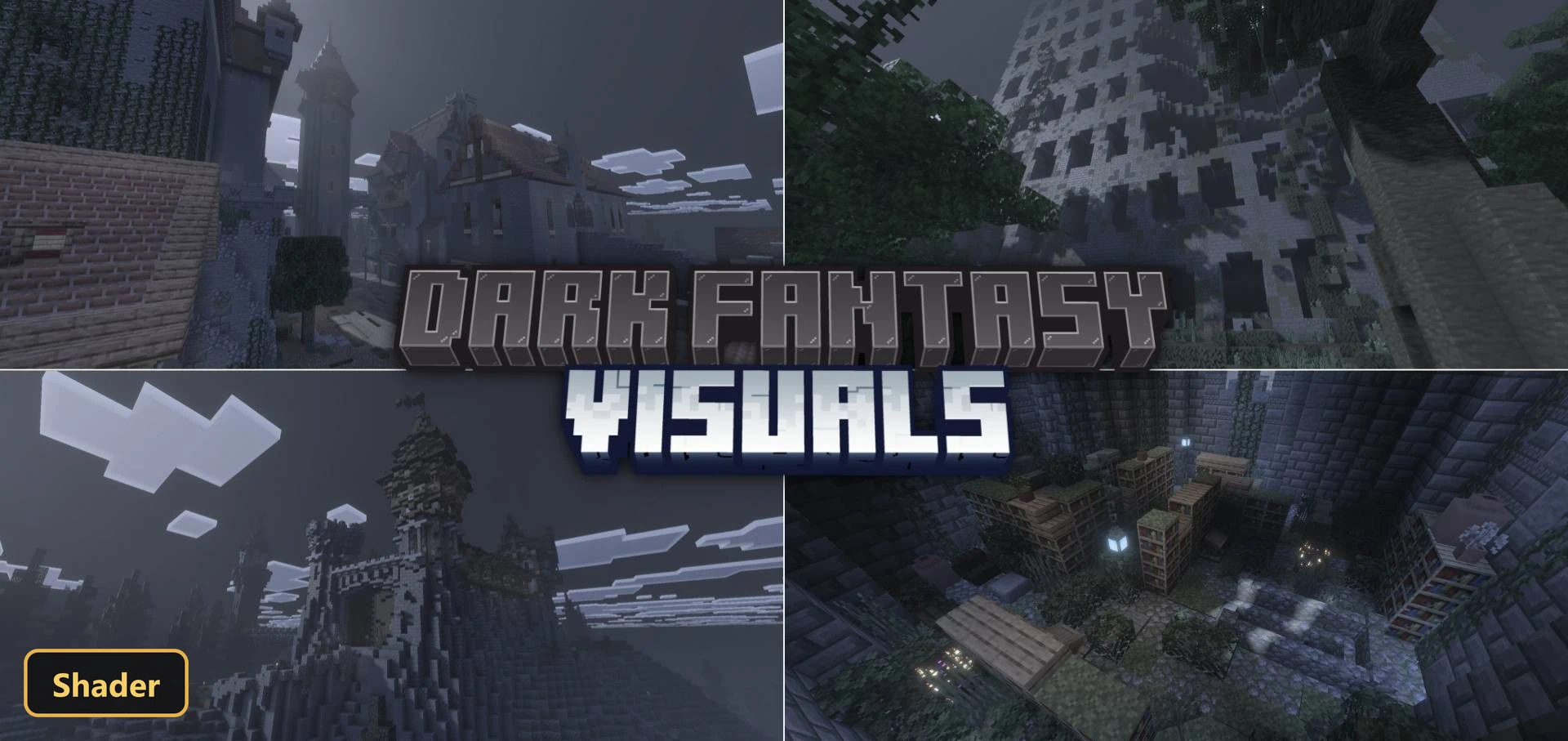four dark fantasy scenes, including a castle, forest, and dungeon