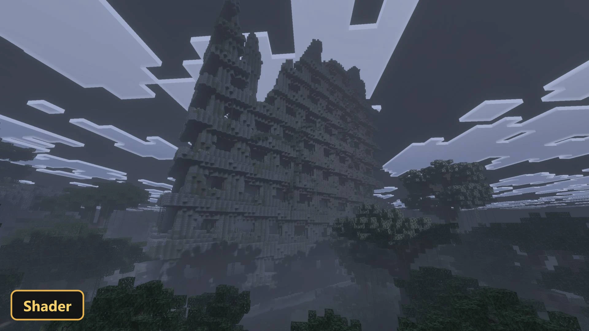 tall, ruined stone building in a foggy, dark landscape