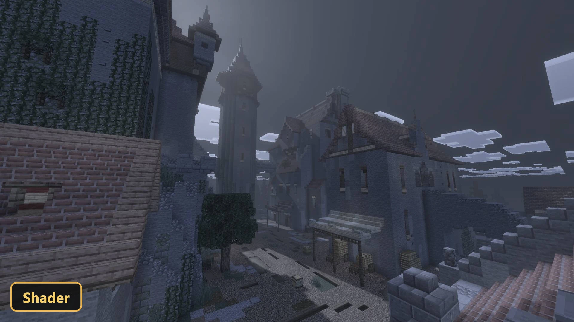 medieval town street with tall buildings, towers, and fog