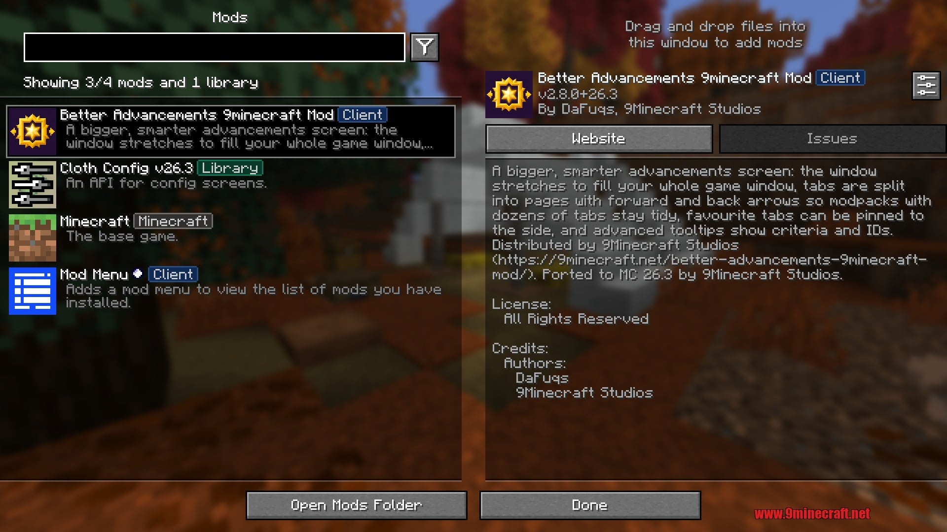 Mod list entry for Better Advancements 9minecraft Mod with its details panel