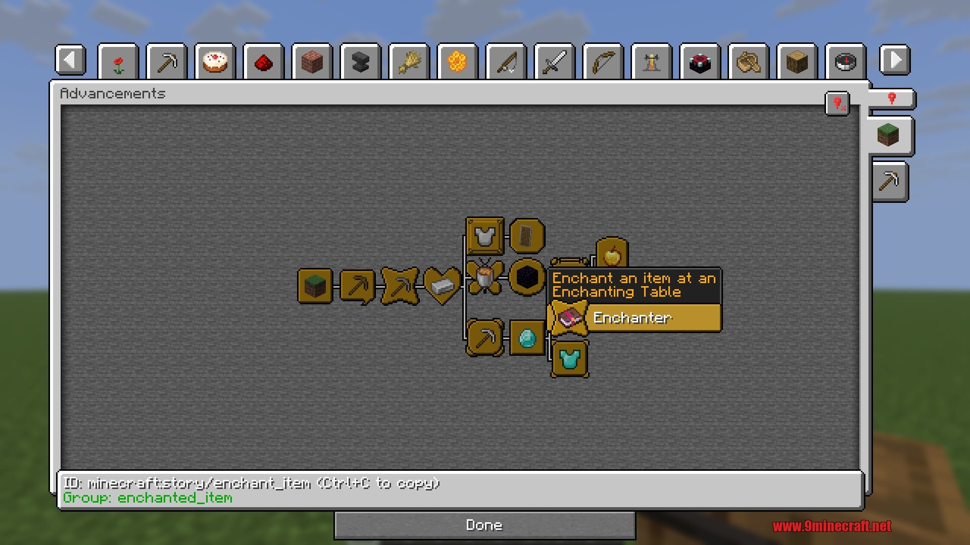 Advancement tooltip with the debug panel showing its ID and criteria