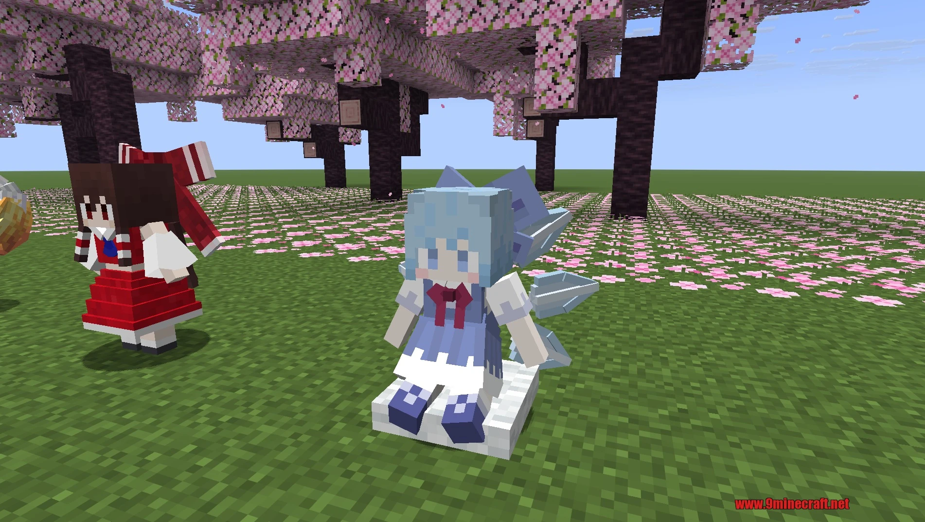 An ice fairy maid sitting on her chair next to a shrine maiden