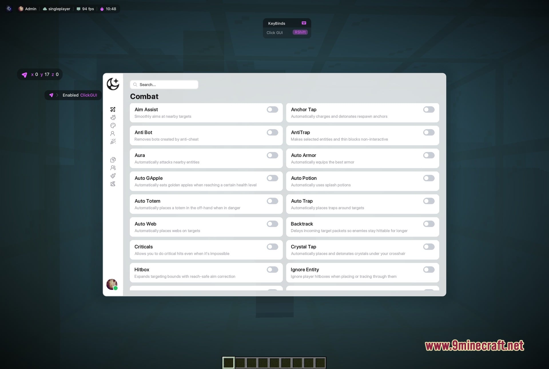 Moon DLC Client Mod Screenshot 1 Moon DLC ClickGUI opened in-game showing the Combat category as a two column grid of module cards, each with its own description line and a toggle switch, next to the search bar and the category sidebar