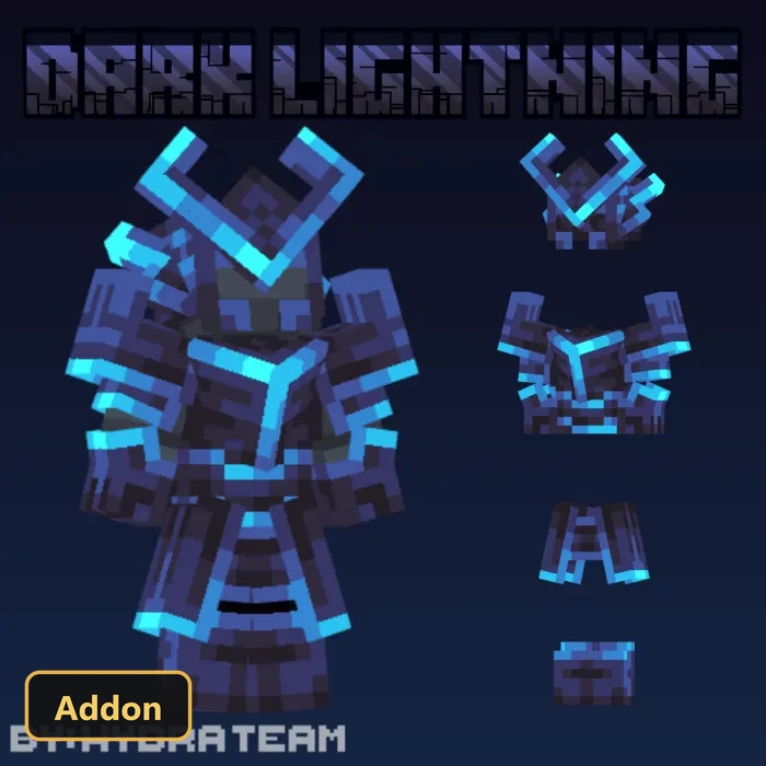 dark blue armor with glowing lightning-blue trim and pieces