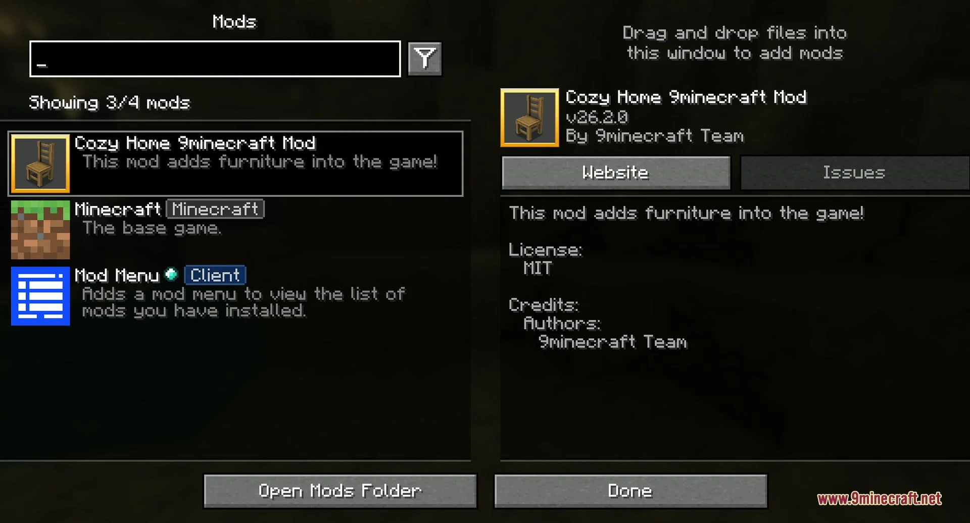 Cozy Home 9minecraft Mod (26.3) Mods Screen