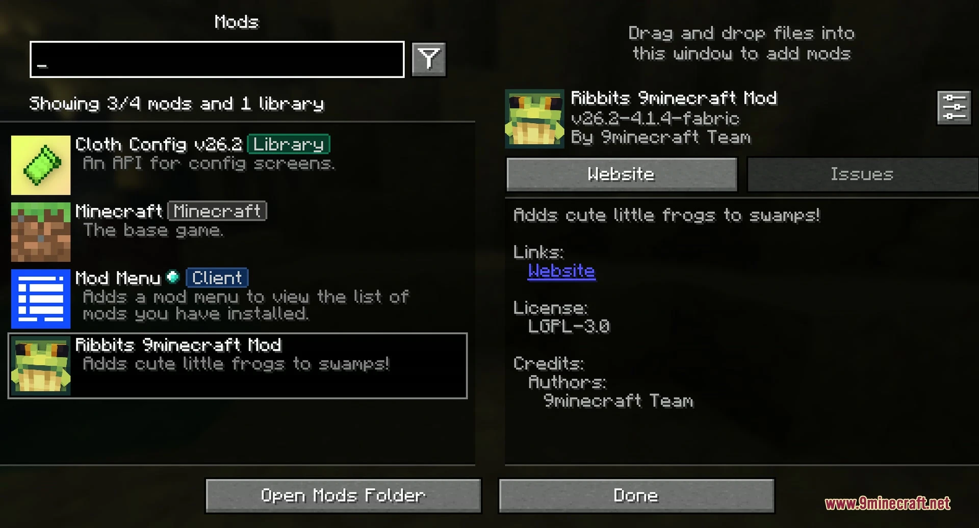 Ribbits 9minecraft Mod (26.2) Mods Screen