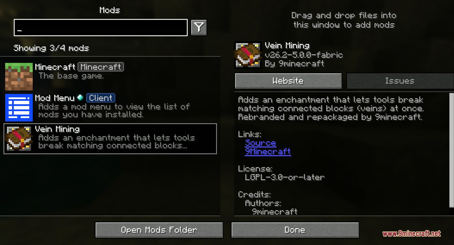 Vein Mining 9minecraft Mod (26.3) Mods Screen