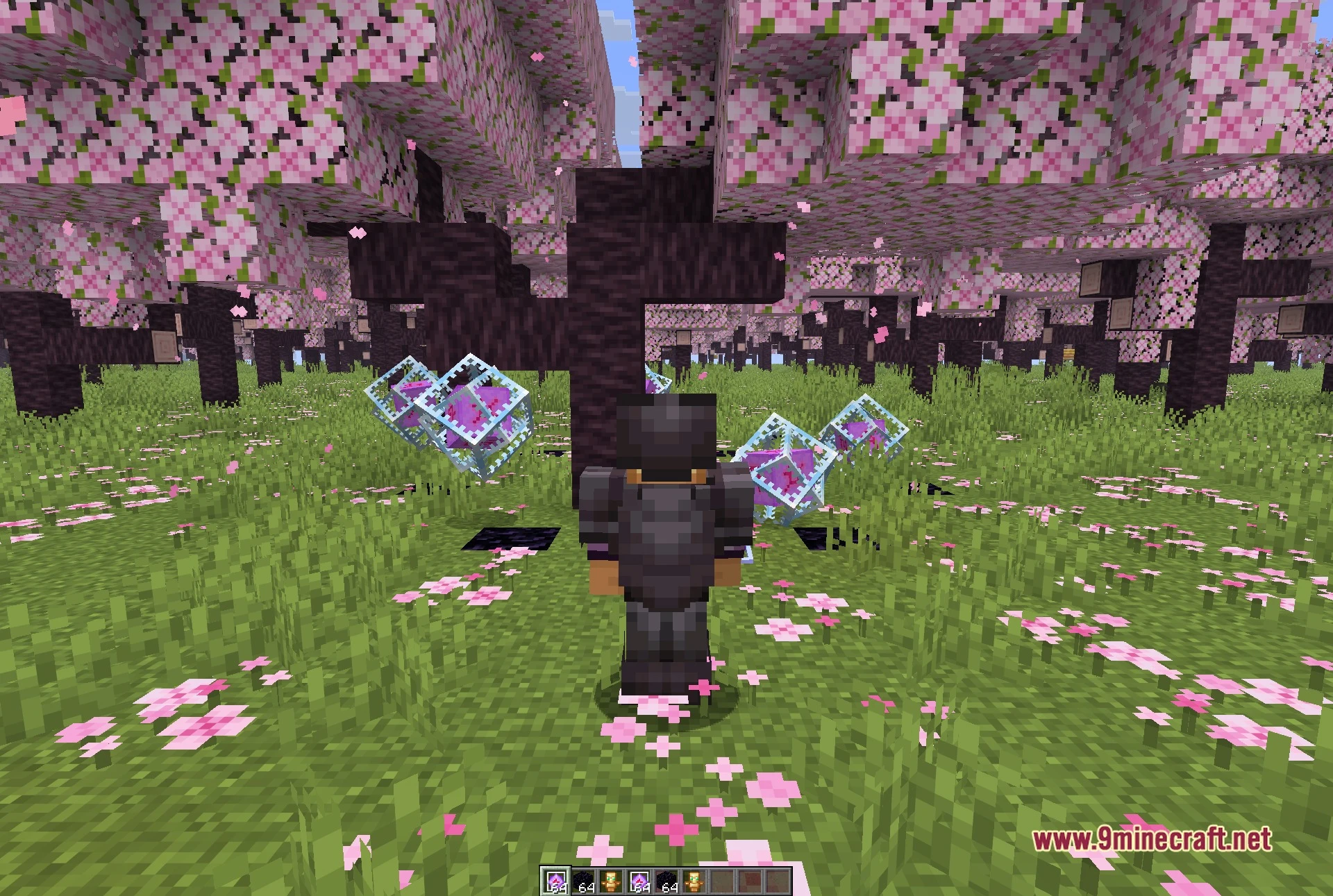 Mochi Client Mod Screenshot 3 Third-person view of the player in netherite armour among the cherry trees