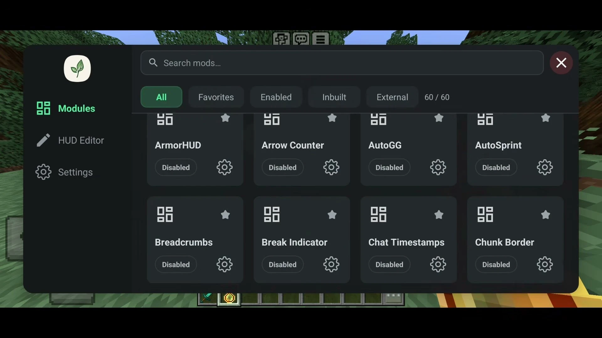 BedrockTools 1.5 Screenshot 1 BedrockTools 1.5 module menu with ArmorHUD, Arrow Counter, Chat Timestamps and Chunk Border