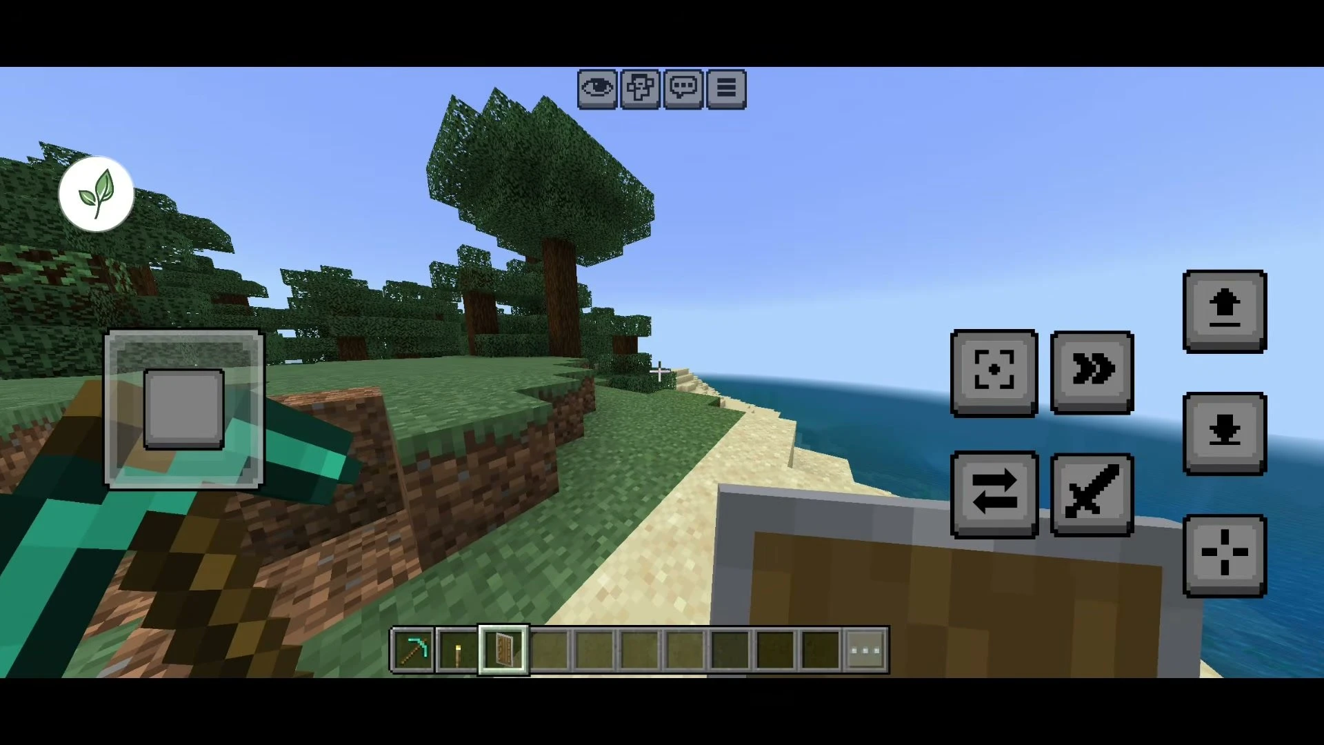 Blocking with a shield in the offhand next to a diamond pickaxe
