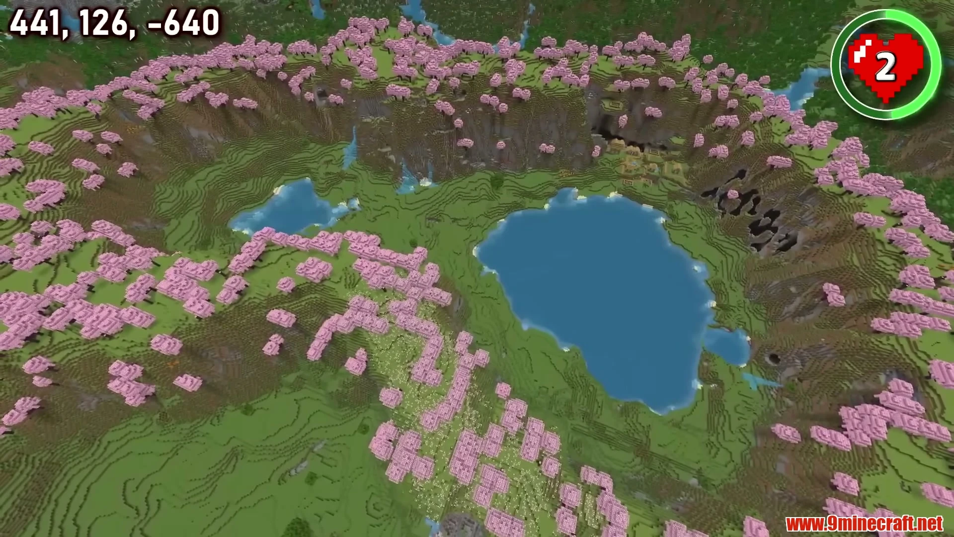 Twin Lake Cherry Crater Village & Dripstone Mines - Minecraft 26.3 Seed -5815759509554359052 View 2